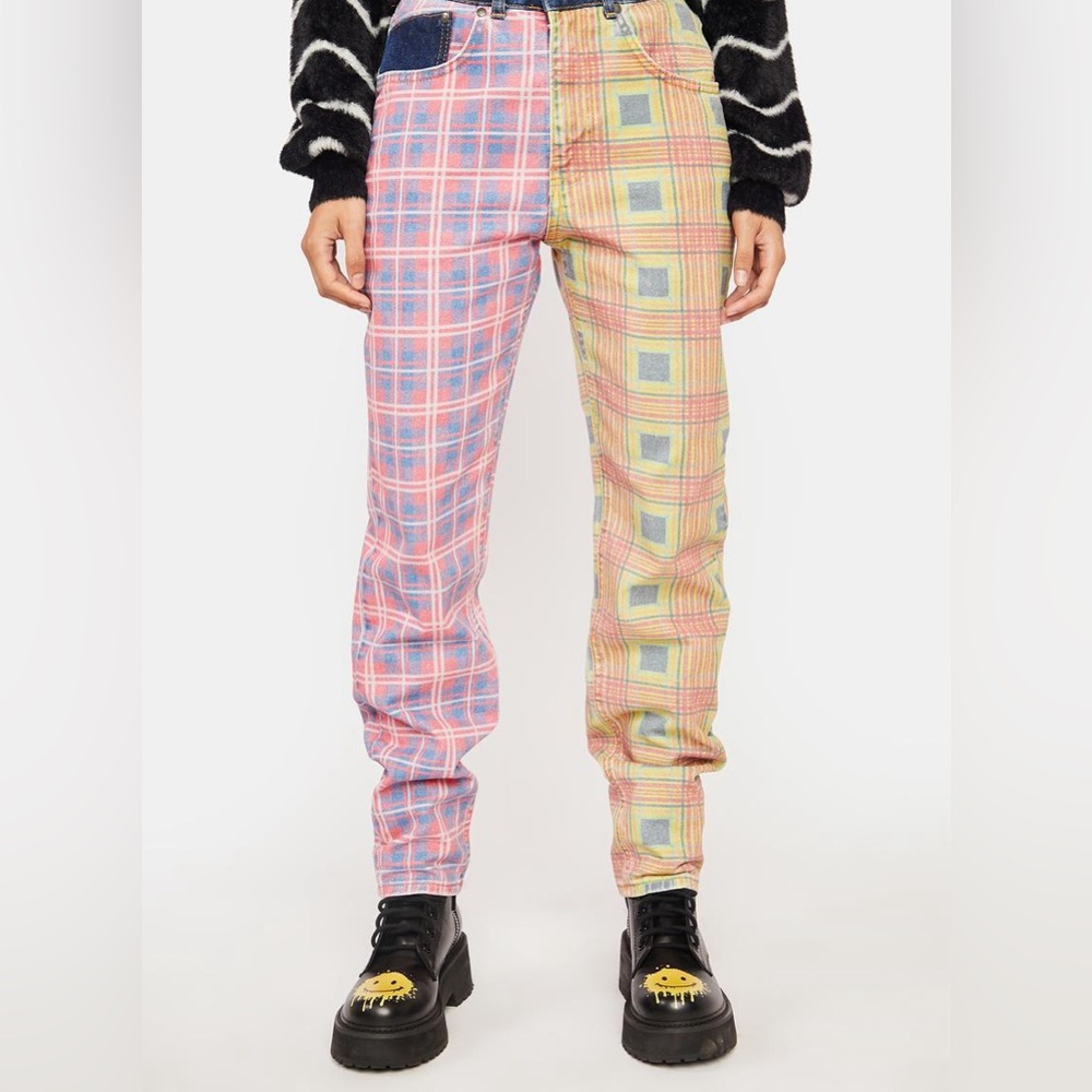 Colorful Two Tone High Waisted Plaid Jeans